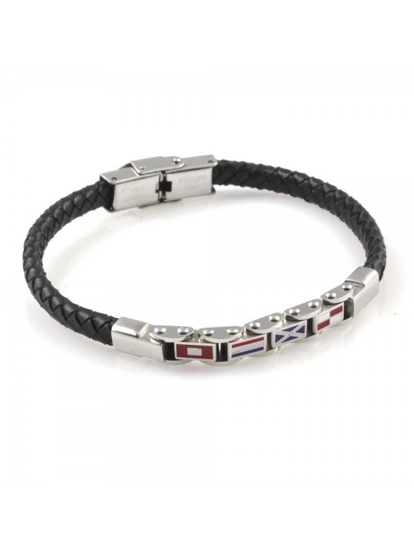 Bracciale uomo con bandiere nautiche in acciaio e pelle nera