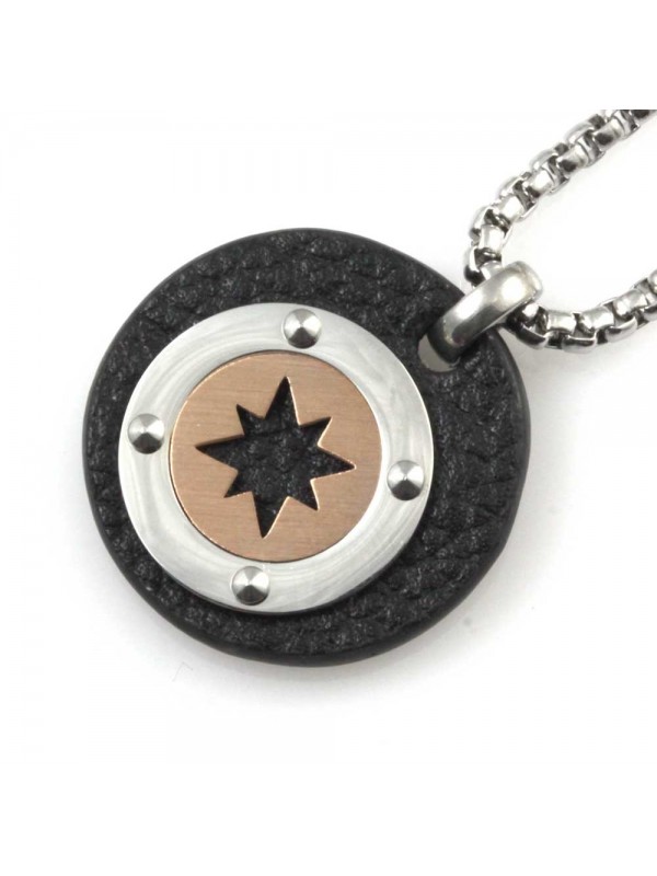 Collana uomo rosa dei venti ciondolo rotondo in acciaio e pelle