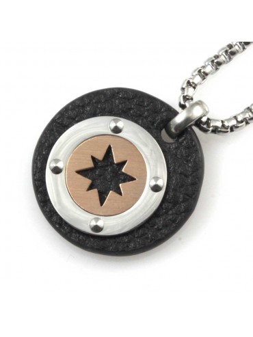 Collana uomo rosa dei venti ciondolo rotondo in acciaio e pelle