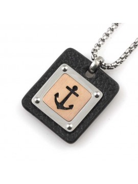Collana uomo ancora ciondolo quadrato in acciaio e pelle