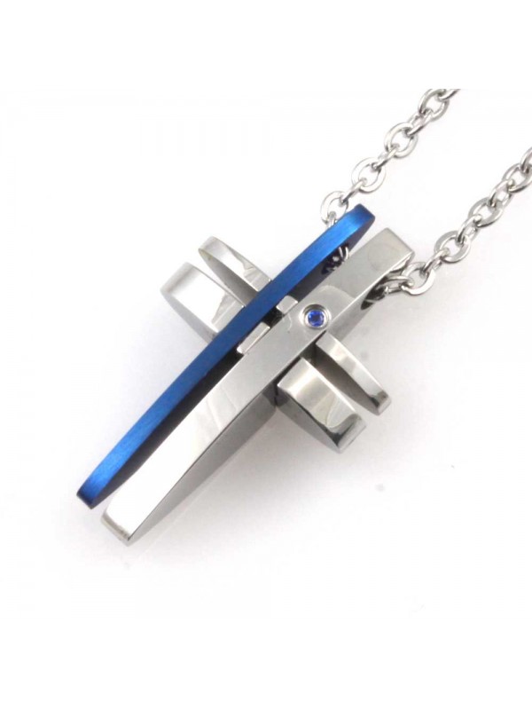 Collana croce da uomo in acciaio elementi azzuri