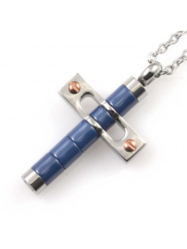 Collana croce da uomo in acciaio e ceramica elementi azzurri e ramati