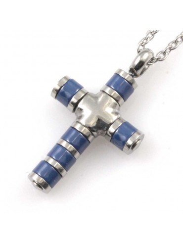 Collana croce da uomo in acciaio e elementi in ceramica blu