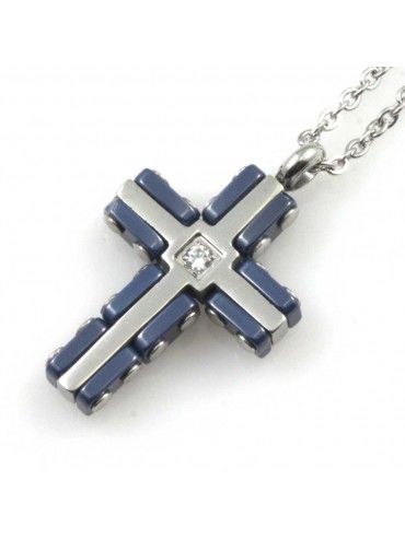 Collana croce da uomo in acciaio e elementi in ceramica blu
