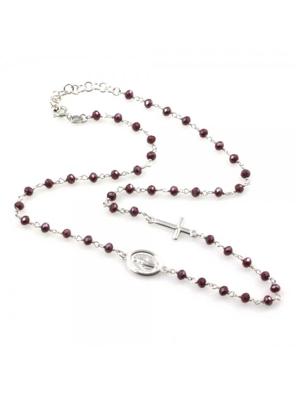 Collana rosario donna in argento 925 e pietre rosse scure boreale
