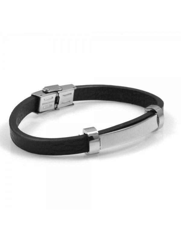 bracciale uomo pelle nera con piastra in acciaio ottimo per incisioni