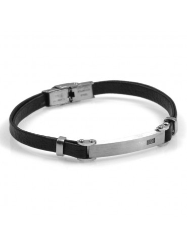 bracciale uomo pelle nera con piastra in acciaio strass ottimo per incisioni