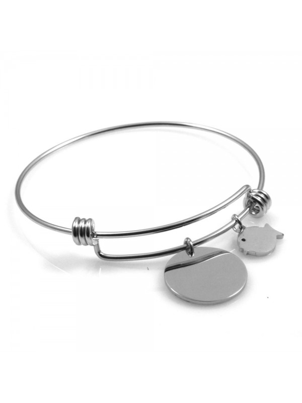 bracciale donna in acciaio rigido con ciondolo tondo e pesciolino ottimo per incisione