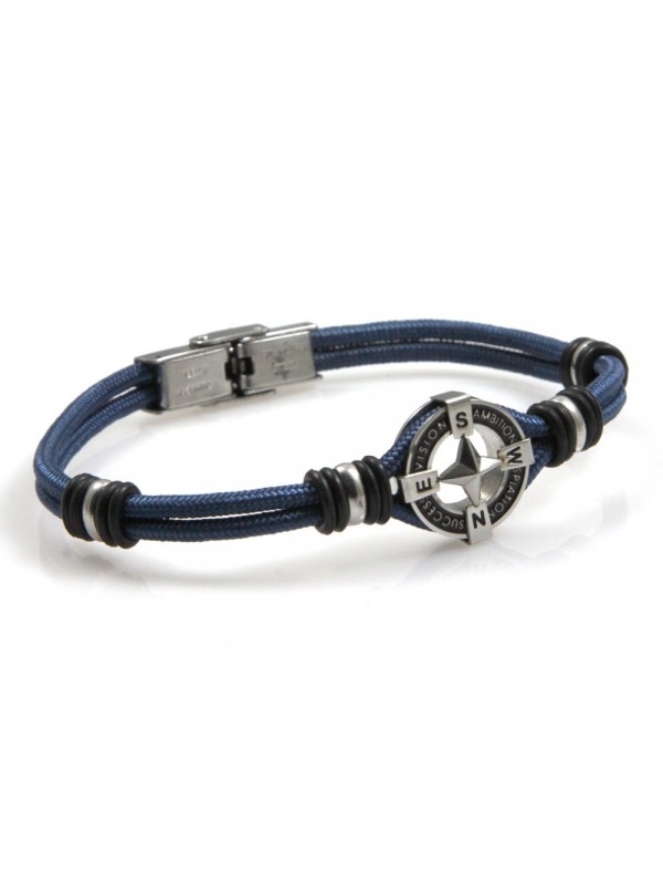 bracciale uomo con rosa dei venti in acciaio e cordoncino blu