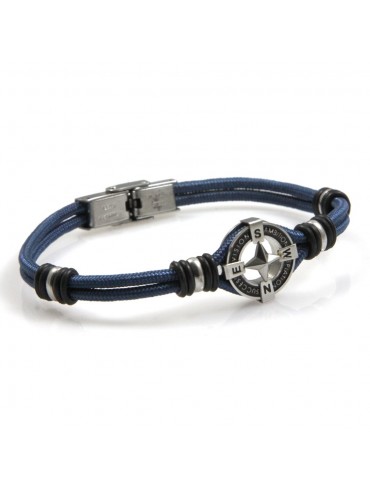 bracciale uomo con rosa dei venti in acciaio e cordoncino blu