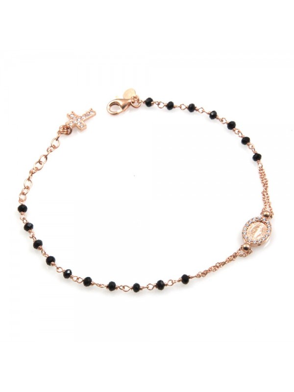 bracciale rosario donna in argento ramato postine nere e strass
