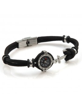 bracciale uomo con bussola e ancora in acciaio e corconcino nero bcc2544