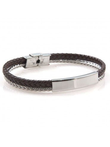 bracciale uomo piastra per incisione in acciaio e pelle marrone bcc2621