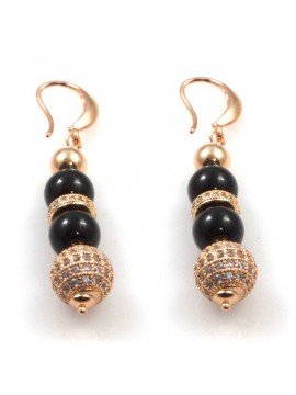 orecchini donna pendenti in bronzo dorato onice e sfera di strass occ0342