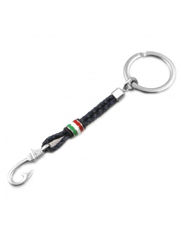 Portachiavi uomo con amo da pesca pescatore in acciaio pelle e smalti prt0043