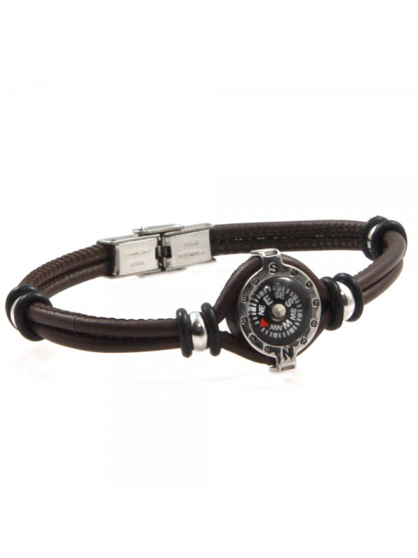 Bracciale con bussola uomo acciaio e pelle marrone bcc2666