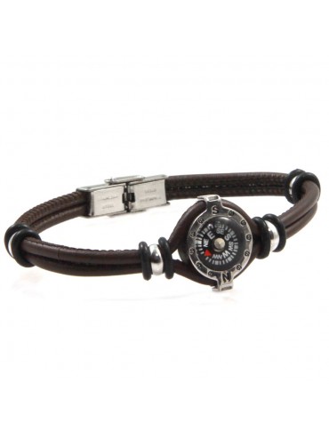 Bracciale con bussola uomo acciaio e pelle marrone bcc2666