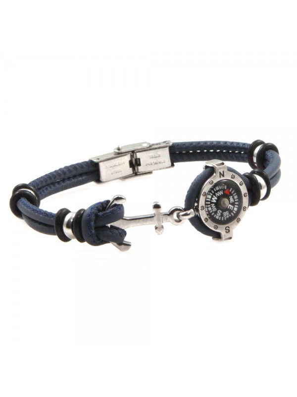 Bracciale con bussola e ancora uomo acciaio e pelle blu bcc2669