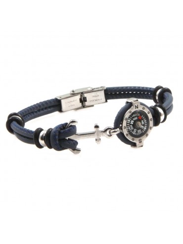 Bracciale con bussola e ancora uomo acciaio e pelle blu bcc2669