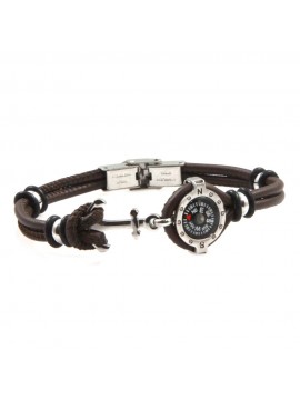 Bracciale con bussola e ancora uomo acciaio e pelle marrone bcc2670