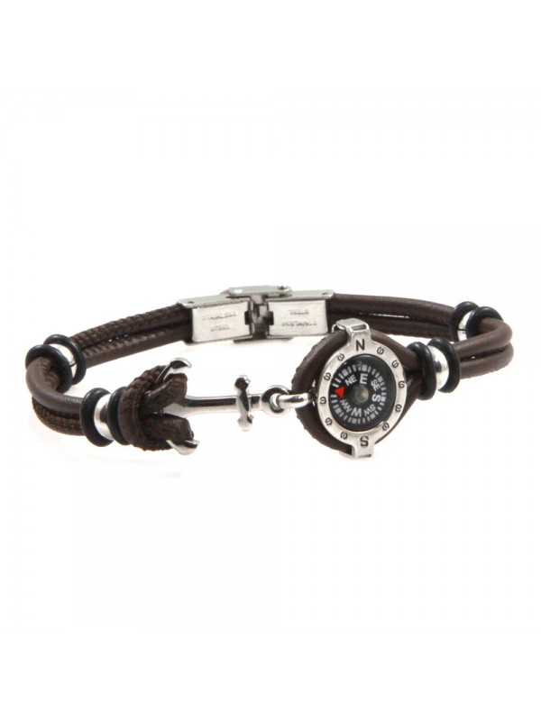 Bracciale con bussola e ancora uomo acciaio e pelle marrone bcc2670