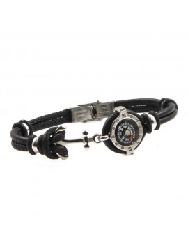 Bracciale con bussola e ancora uomo acciaio e pelle nera bcc2671