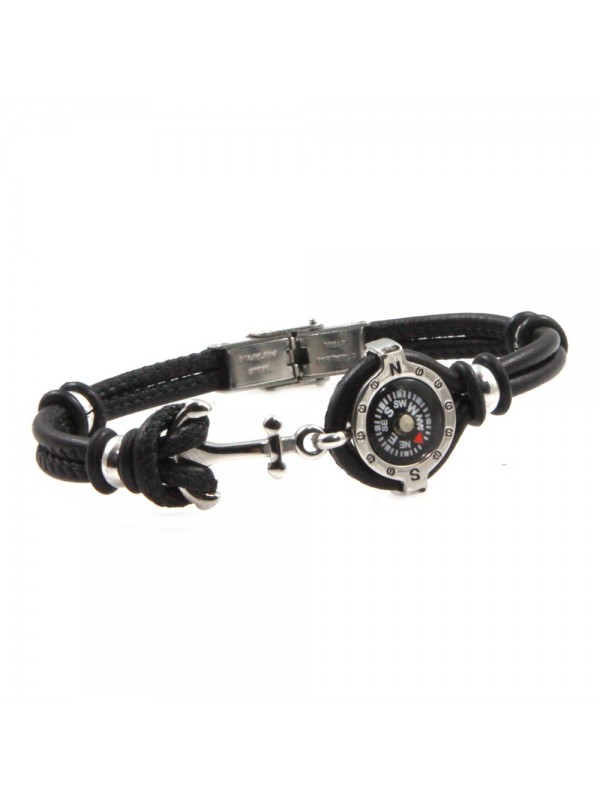 Bracciale con bussola e ancora uomo acciaio e pelle nera bcc2671