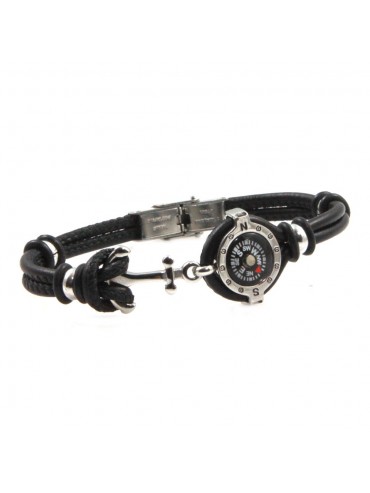 Bracciale con bussola e ancora uomo acciaio e pelle nera bcc2671