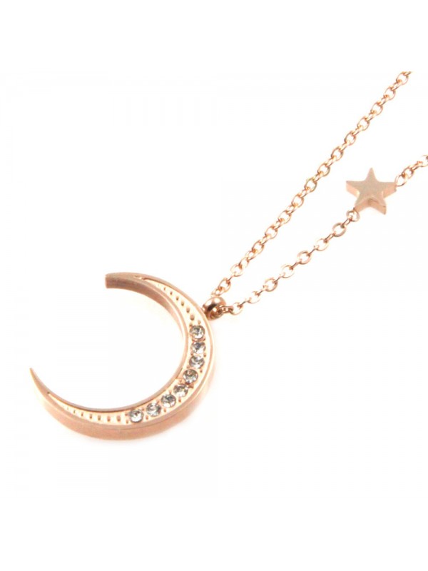 Collana con Luna e Stella Donna in Acciaio ramato e Strass cll0655