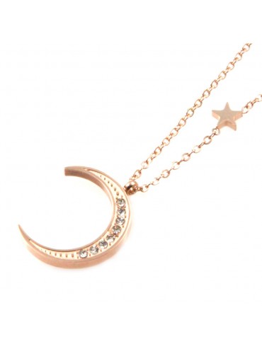 Collana con Luna e Stella Donna in Acciaio ramato e Strass cll0655