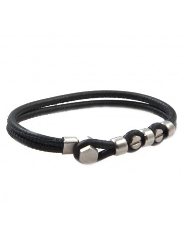 Bracciale uomo in pelle e acciaio con particolari bulloni e viti bcc0156