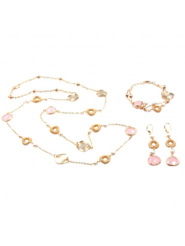 Parure donna collana bracciale e orecchini in bronzo e cristalli rosa par0013
