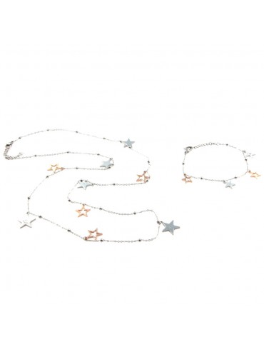 Parure donna collana e bracciale con stelline in acciaio bicolore ramato par0019