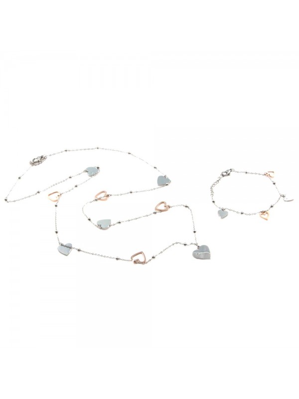 Parure donna collana e bracciale con cuori in acciaio bicolore ramato par0020