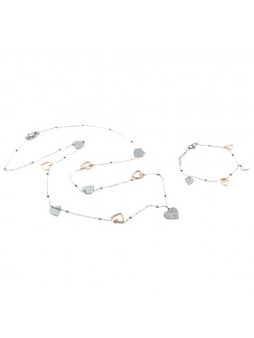 Parure donna collana e bracciale con cuori in acciaio bicolore ramato par0020