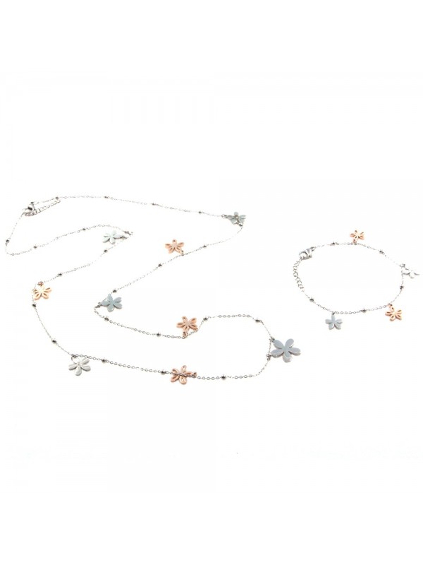 Parure donna collana e bracciale con fiori in acciaio bicolore ramato par0021
