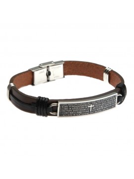 Bracciale con padrenostro in acciaio e pelle - bcc0187