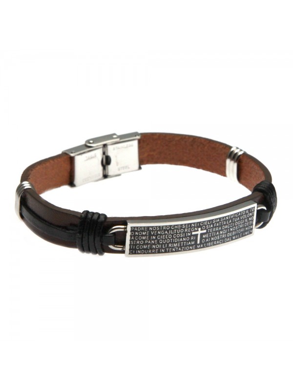 Bracciale con padrenostro in acciaio e pelle - bcc0187