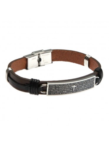 Bracciale con padrenostro in acciaio e pelle - bcc0187