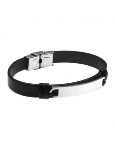 bracciale uomo piastra per incisione in acciaio e pelle nera bcc2655