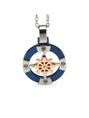 Collana con rosa dei venti e timone uomo ciondolo in acciaio cln0142