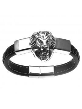 Bracciale uomo con testa di leone in acciaio e pelle - bcc0157