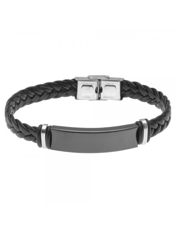 bracciale uomo piastra per incisione in acciaio bicolore e pelle nera bcc2641