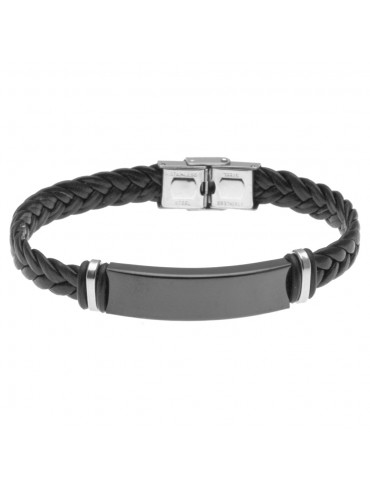 bracciale uomo piastra per incisione in acciaio bicolore e pelle nera bcc2641