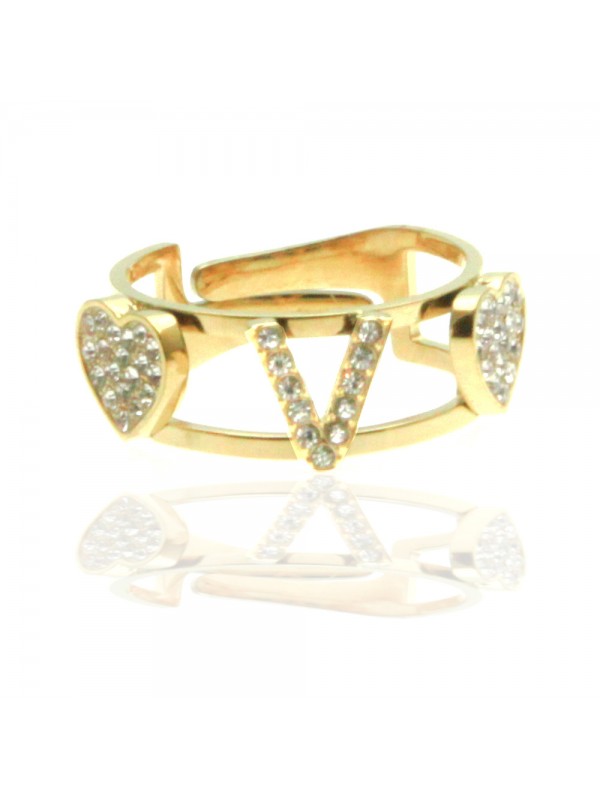 anello con lettera v cuoricini in acciaio e strass all0103