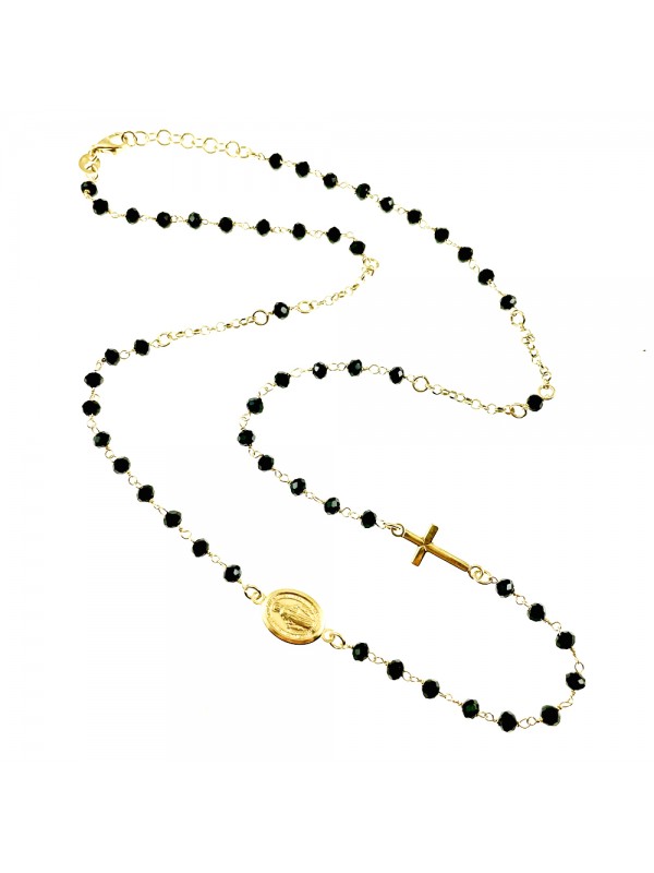 Collana rosario in argento dorato postine nere