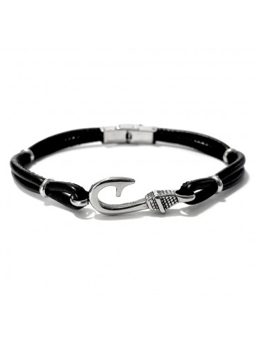 bracciale con amo da pesca o pescatore in acciaio e pelle bcc1603