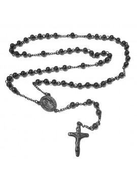 Collana rosario in acciaio con postine sferiche nere e rodio