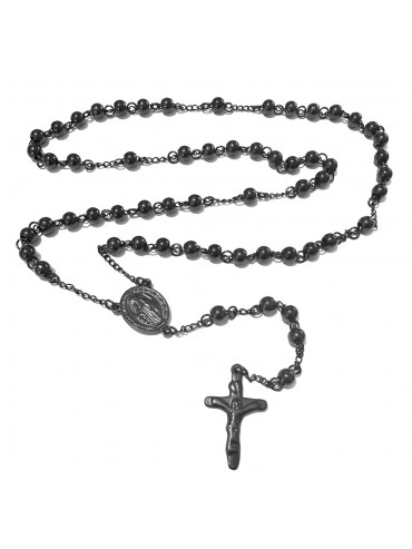 Collana rosario in acciaio con postine sferiche nere e rodio