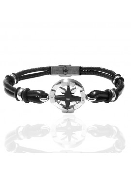 bracciale uomo con rosa dei venti in acciaio e pelle bcc3044